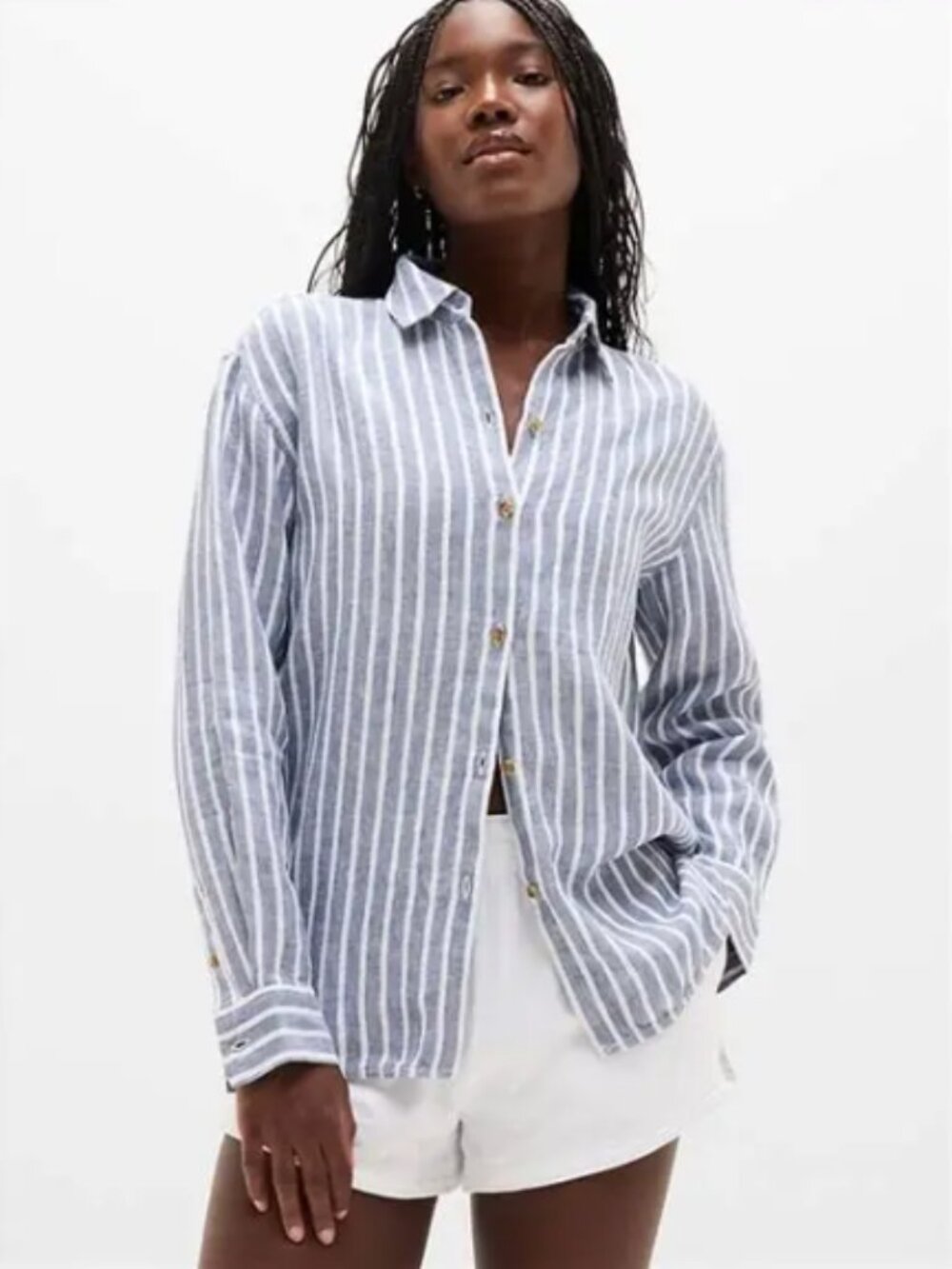 ATHLETA NWOT Retreat Linen Shadow Blue Stripe Button Front Blouse - Small